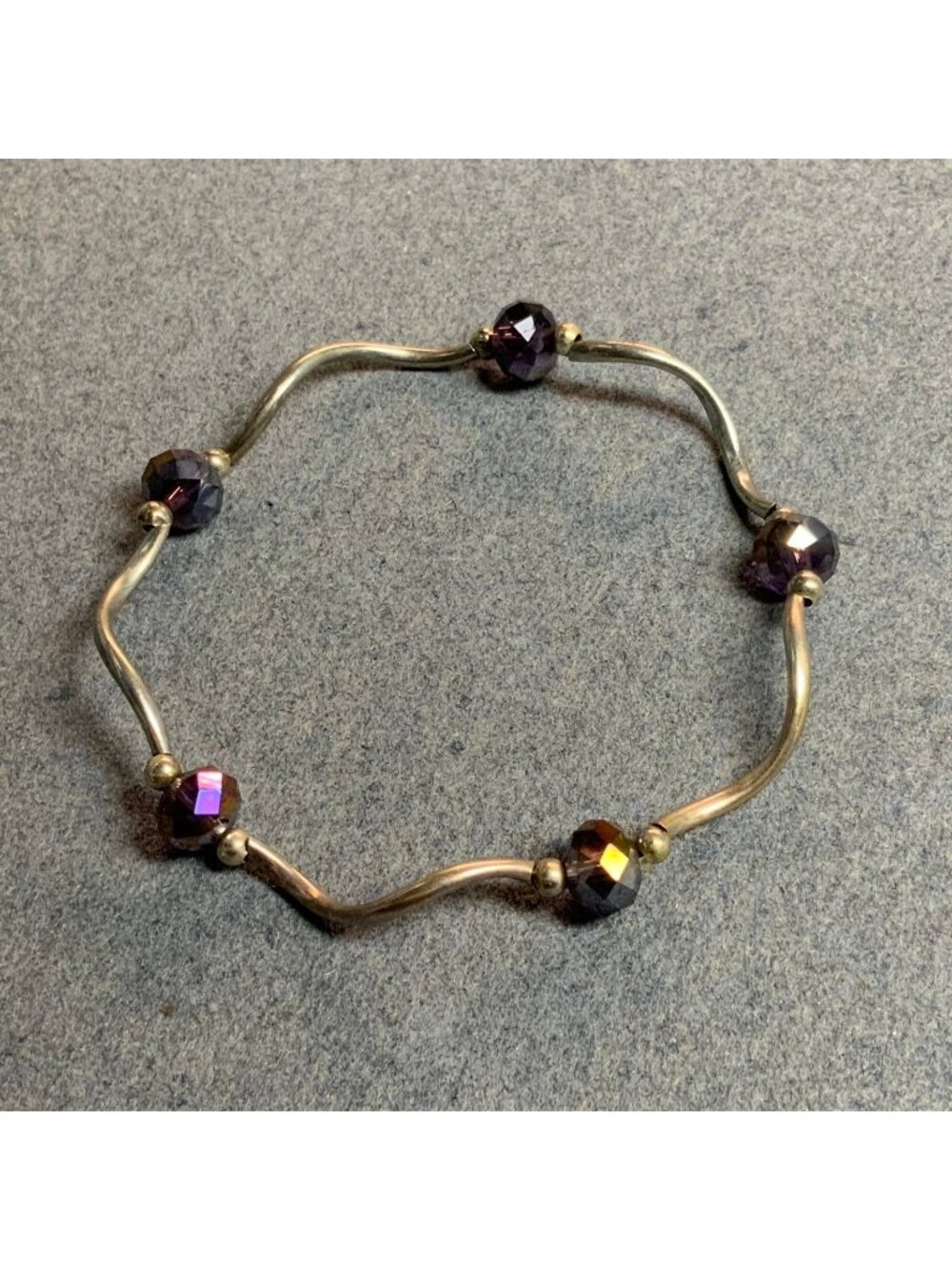 Wavy Link Stretch Bracelet 7 In As Is Iridescent Faceted Purple Beads Silver